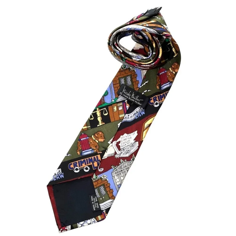 VTG Necktie Nicole Miller 90s Hand Sewn Pop Art Law School Legal Humor Silk‎